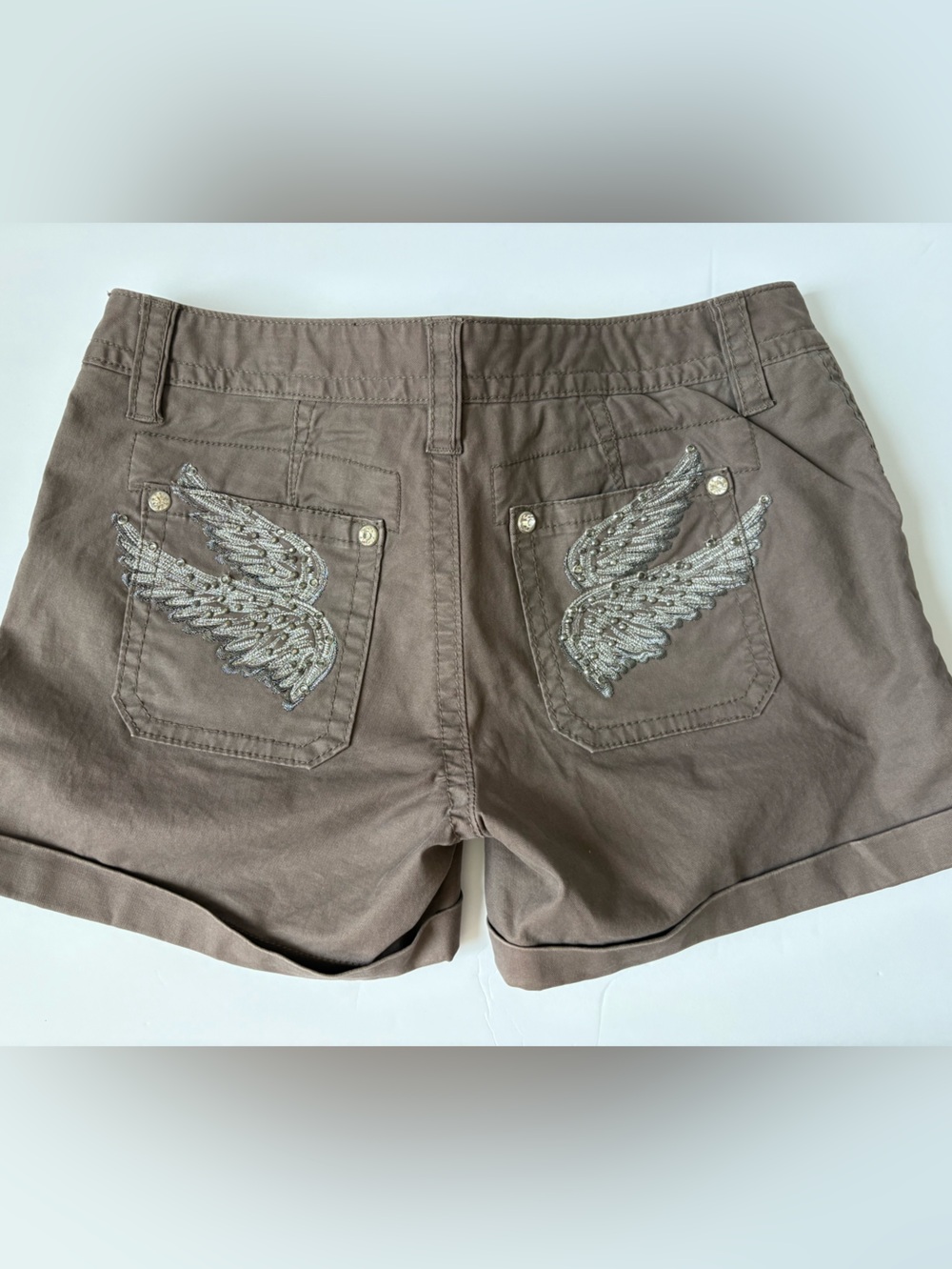 Miss Me Size 26 Angel Wing Rhinestone Y2K Shorts Brown